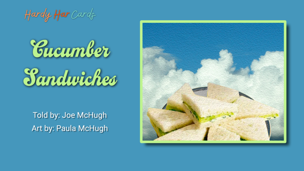 A funny e-card joke about a man in Heaven and cucumber sandwiches with God.